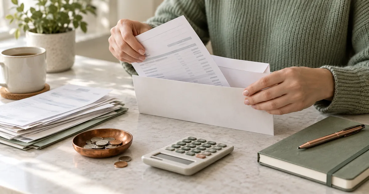 Saver organizing illustrative bank statements and a tax-record envelope beside a calculator