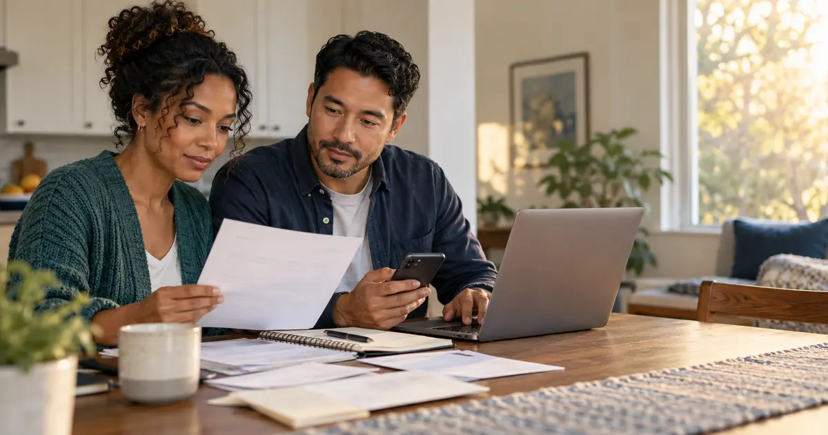 Couple reviewing a bank account closure notice and updating payments