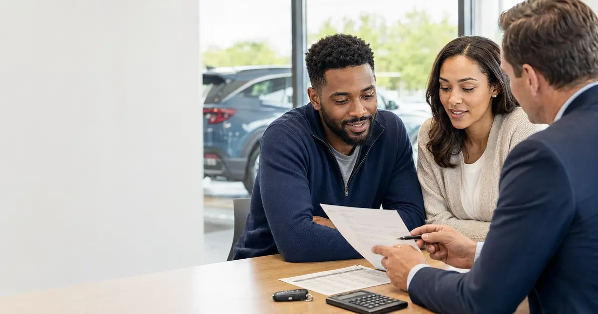 American couple reviewing a new vehicle loan and tax worksheet with a finance professional
