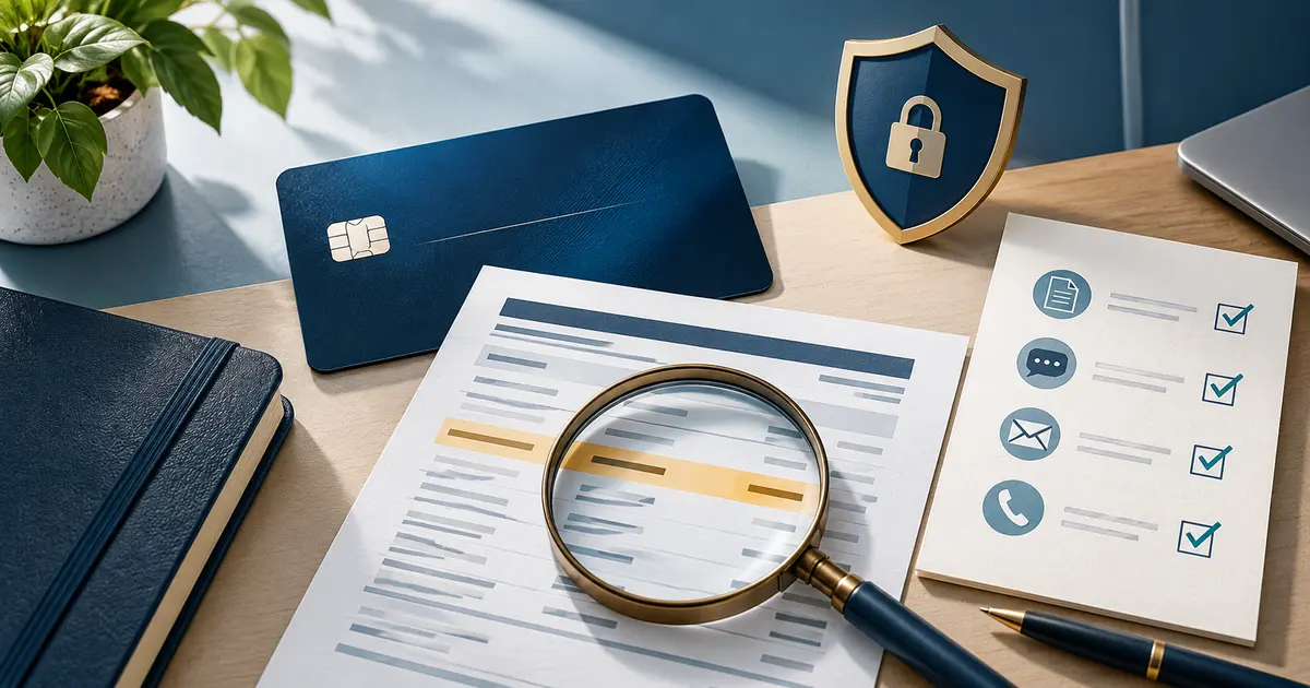 Credit card statement, magnifying glass and secure dispute checklist
