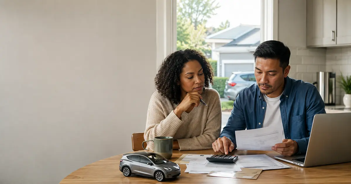 Couple calculating the cost of an electric car after federal EV purchase credits ended
