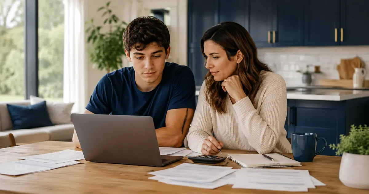 College-bound student and parent preparing financial records for the 2027–28 FAFSA at home