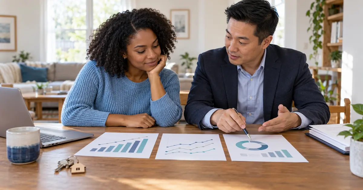 First-time homebuyer and housing counselor comparing credit trends for an FHA mortgage