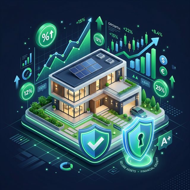 Illustrated home and financial planning dashboard with charts