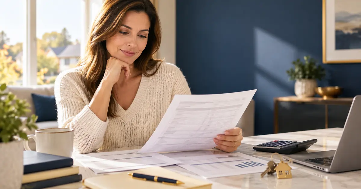 American homeowner reviewing a home sale tax worksheet and settlement papers