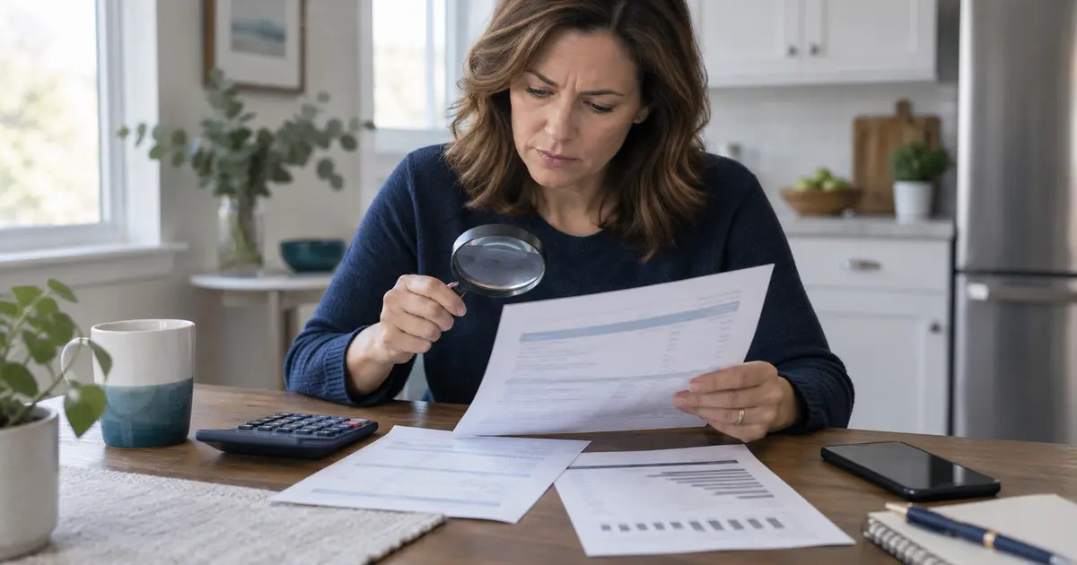 American consumer reviewing a medical bill and credit report at a kitchen table