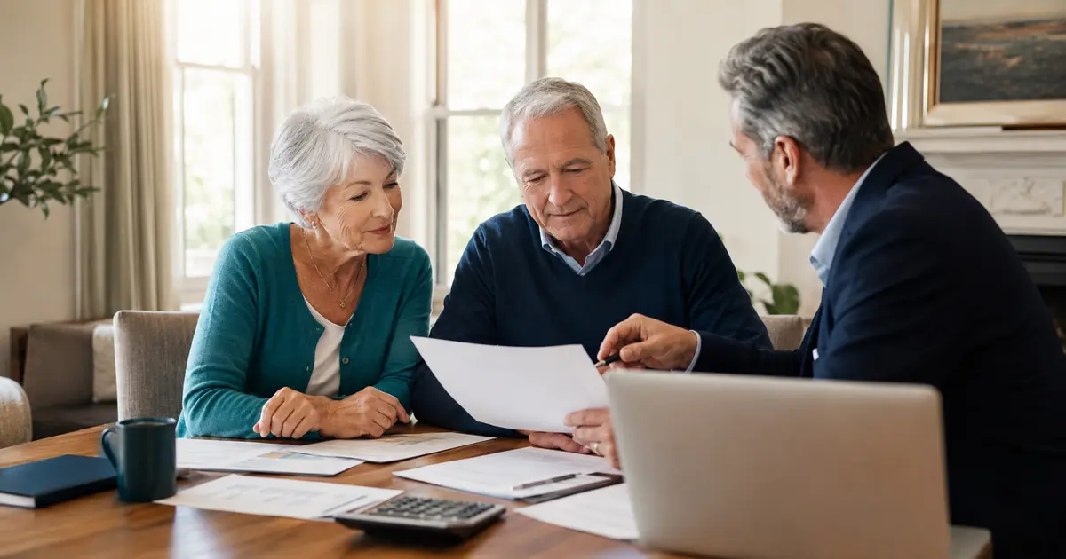 Retired American couple reviewing Medicare premium and retirement planning with a financial professional