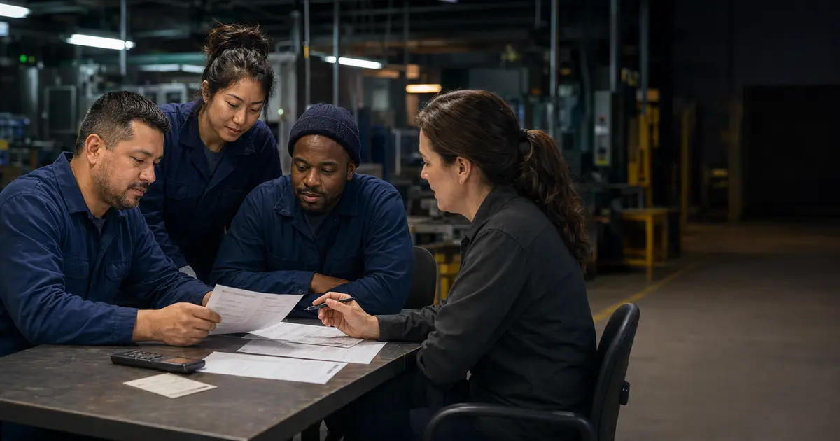 Hourly employees reviewing overtime pay records with a payroll specialist