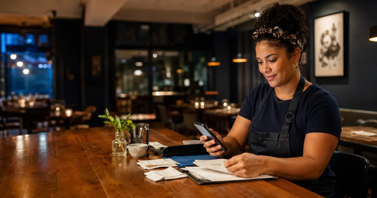 American restaurant worker reviewing phone and paper tip records after completing a shift