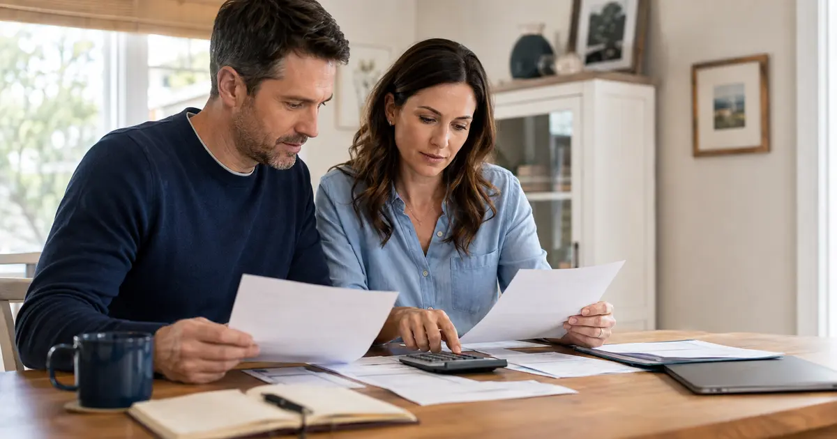 American homeowners comparing 2026 property tax and state income tax records at a home office desk