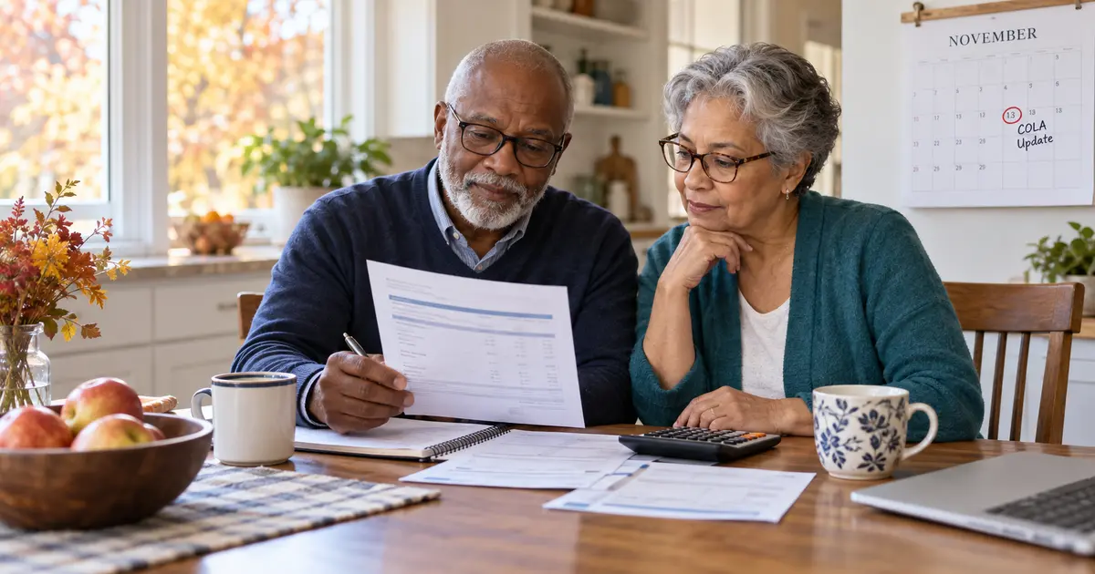 Retired couple reviewing a household budget before the 2027 Social Security COLA announcement