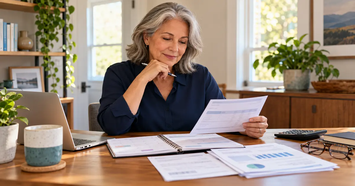 Older professional reviewing work income and retirement benefit documents at a home office
